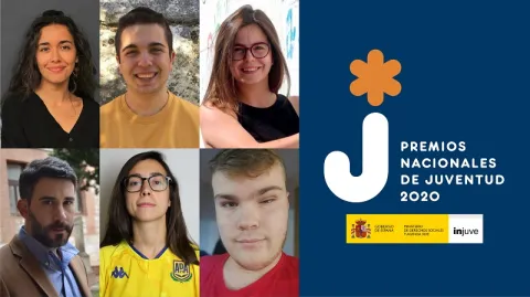 Los seis Premios Nacionales de Juventud 2020 junto al logo de la convocatoria